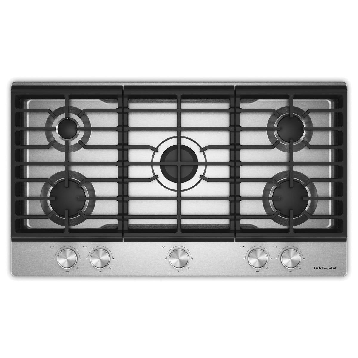 KitchenAid KCGK336SSS Gas-on-Metal Cooktop with 5 Burners and Edge-to-Edge Cast-Iron Grates