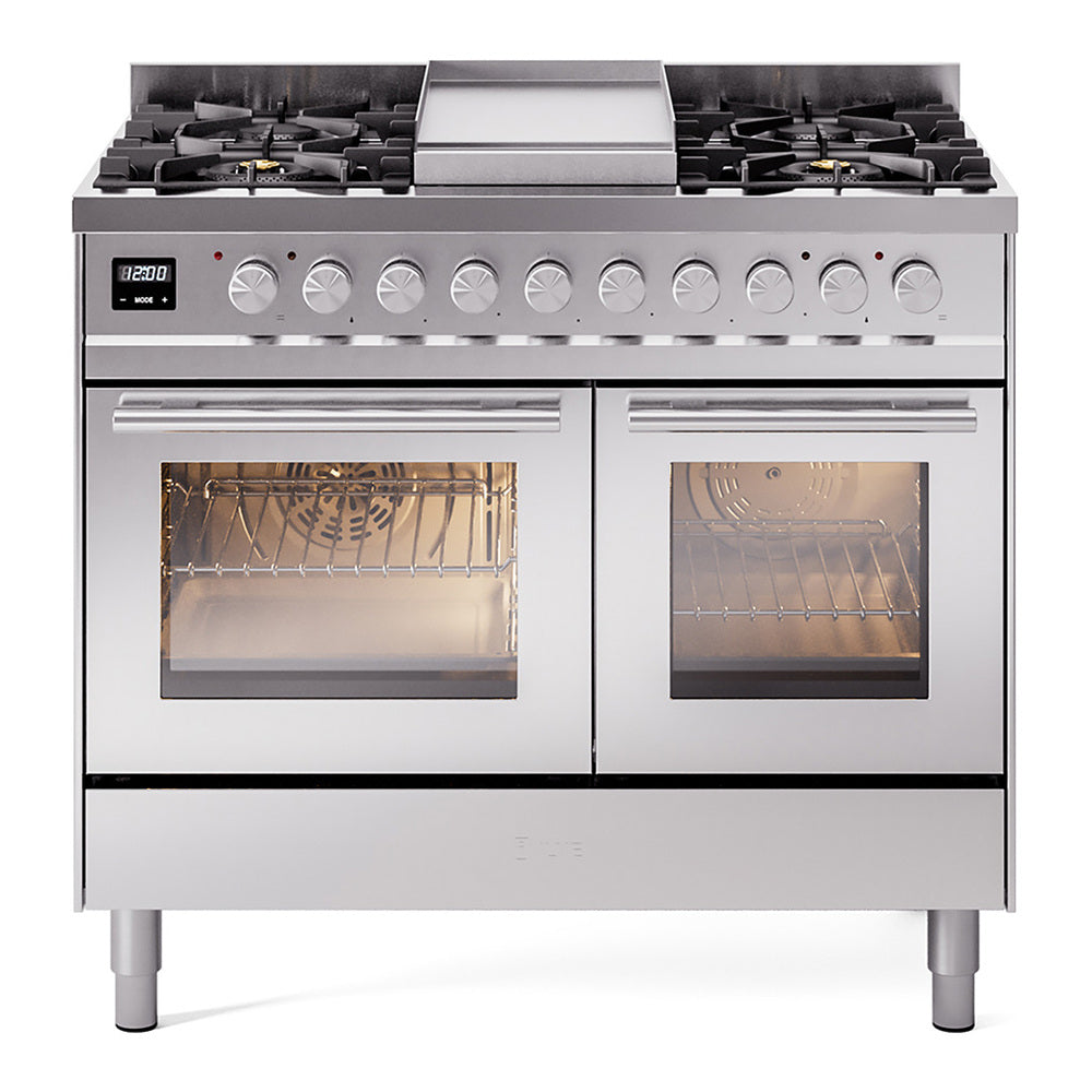 ILVE UPD40FWMPSSLP Professional Plus II 40" Dual Fuel Range with 6 Sealed Burners+Griddle Triple Glass Door in Stainless Steel with Satin knobs