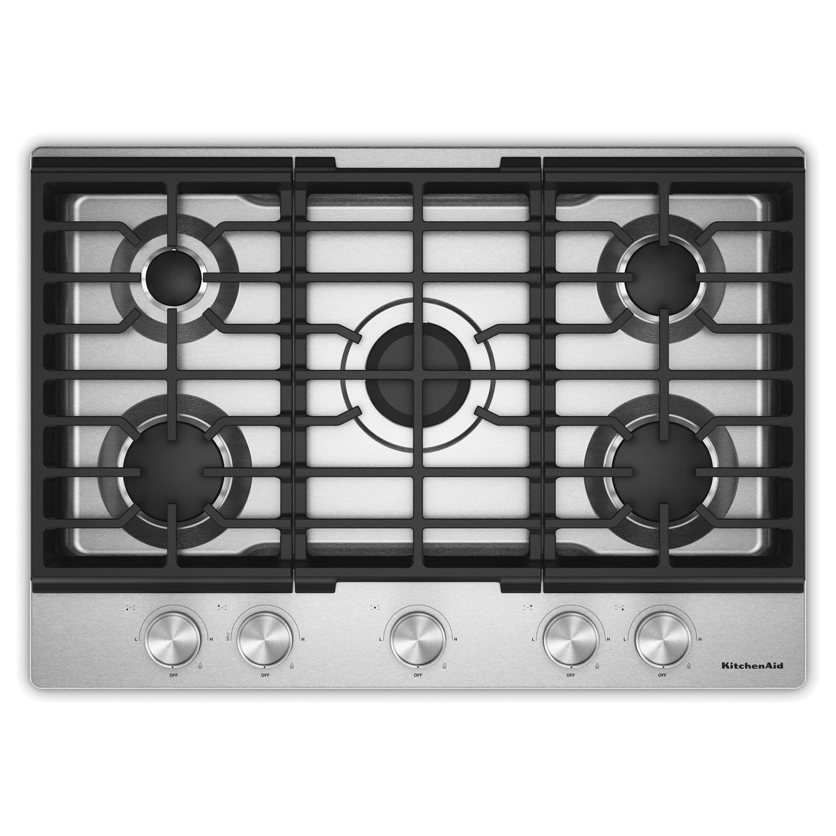 KitchenAid KCGK330SSS Gas-on-Metal Cooktop with 5 Burners and Edge-to-Edge Cast-Iron Grates