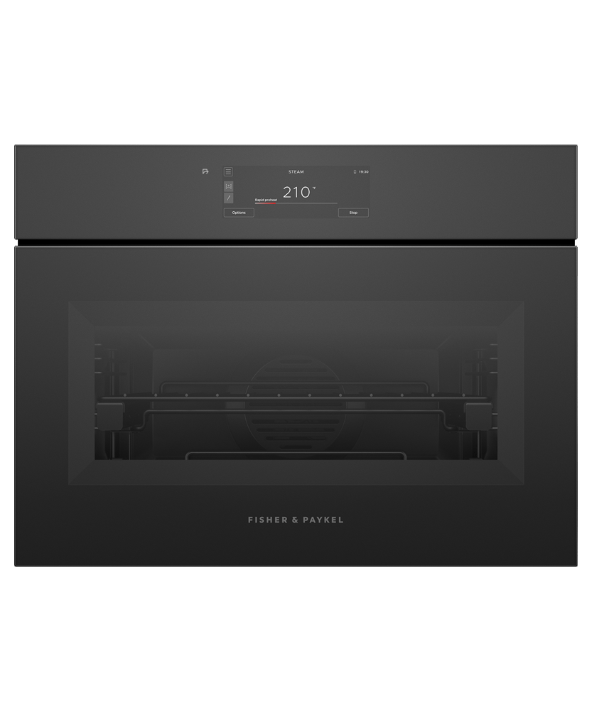 Fisher & Paykel OS24NAMHUNB5 24" Minimal Black Glass Compact Combination Steam Oven, 6.8" Touch Display, Handle-less